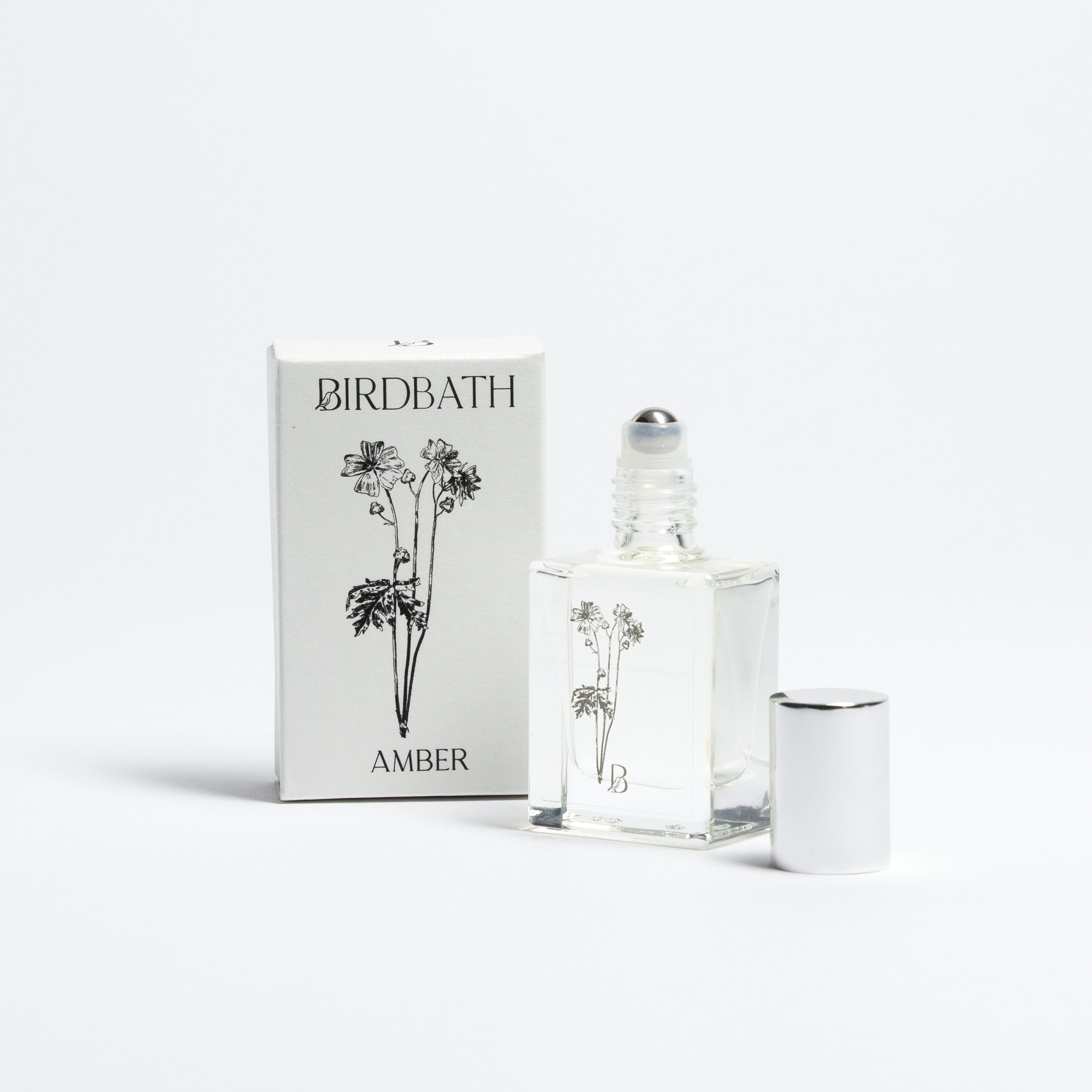 Birdbath Amber perfume bottle and packaging on a white background