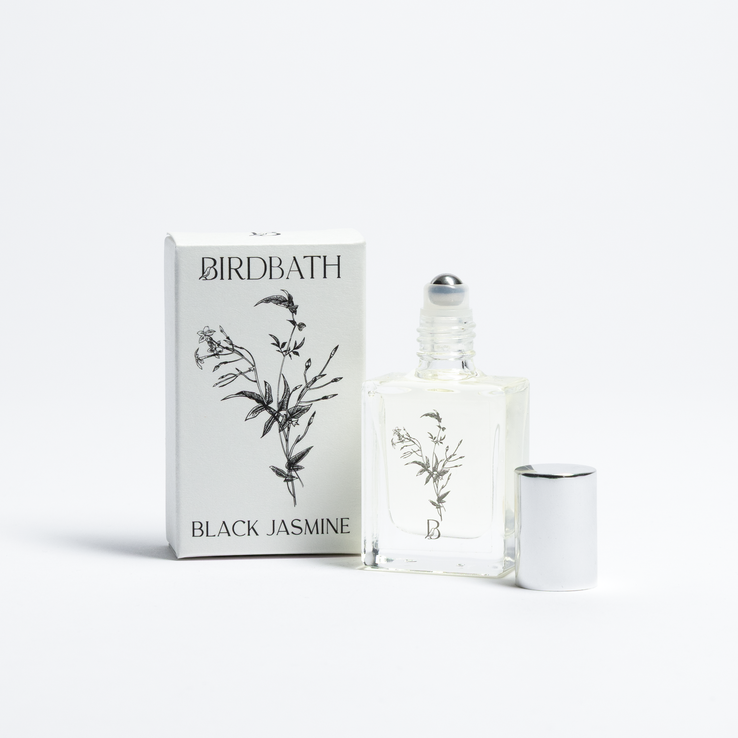 Birdbath Black Jasmine perfume bottle and packaging on a white background