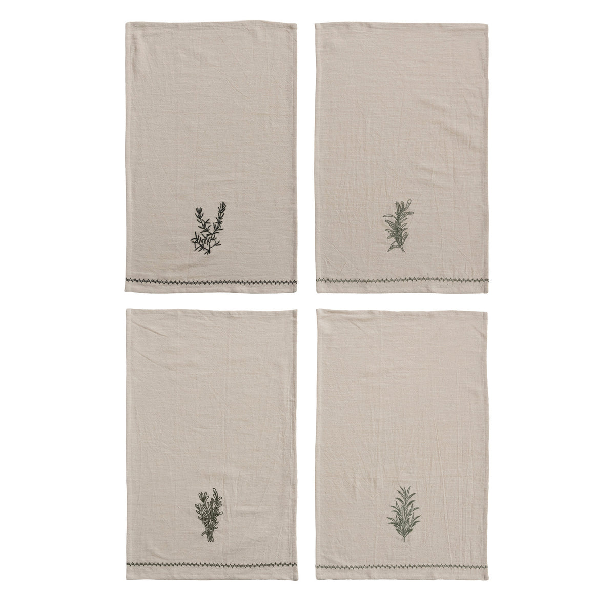 Cotton Tea Towel with Embroidered Herbs & Trim, 4 Styles