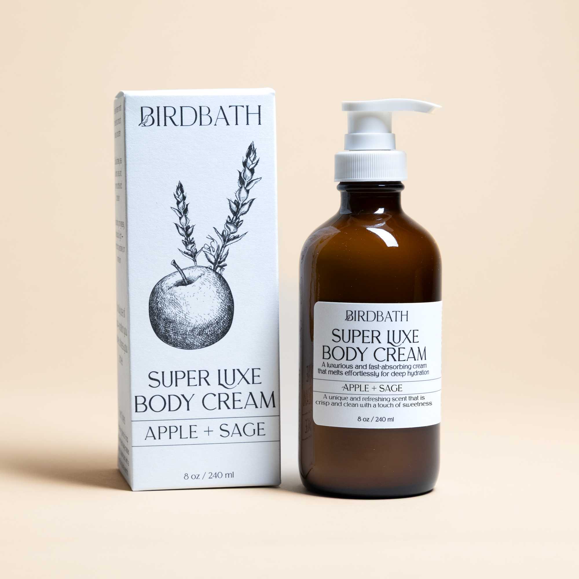 Apple + Sage Super Luxe jar with a white product box on a cream background.