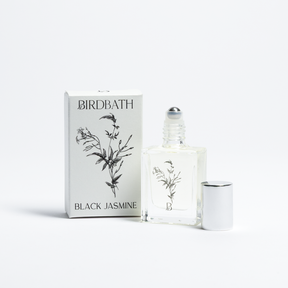 Birdbath Black Jasmine perfume bottle and packaging on a white background
