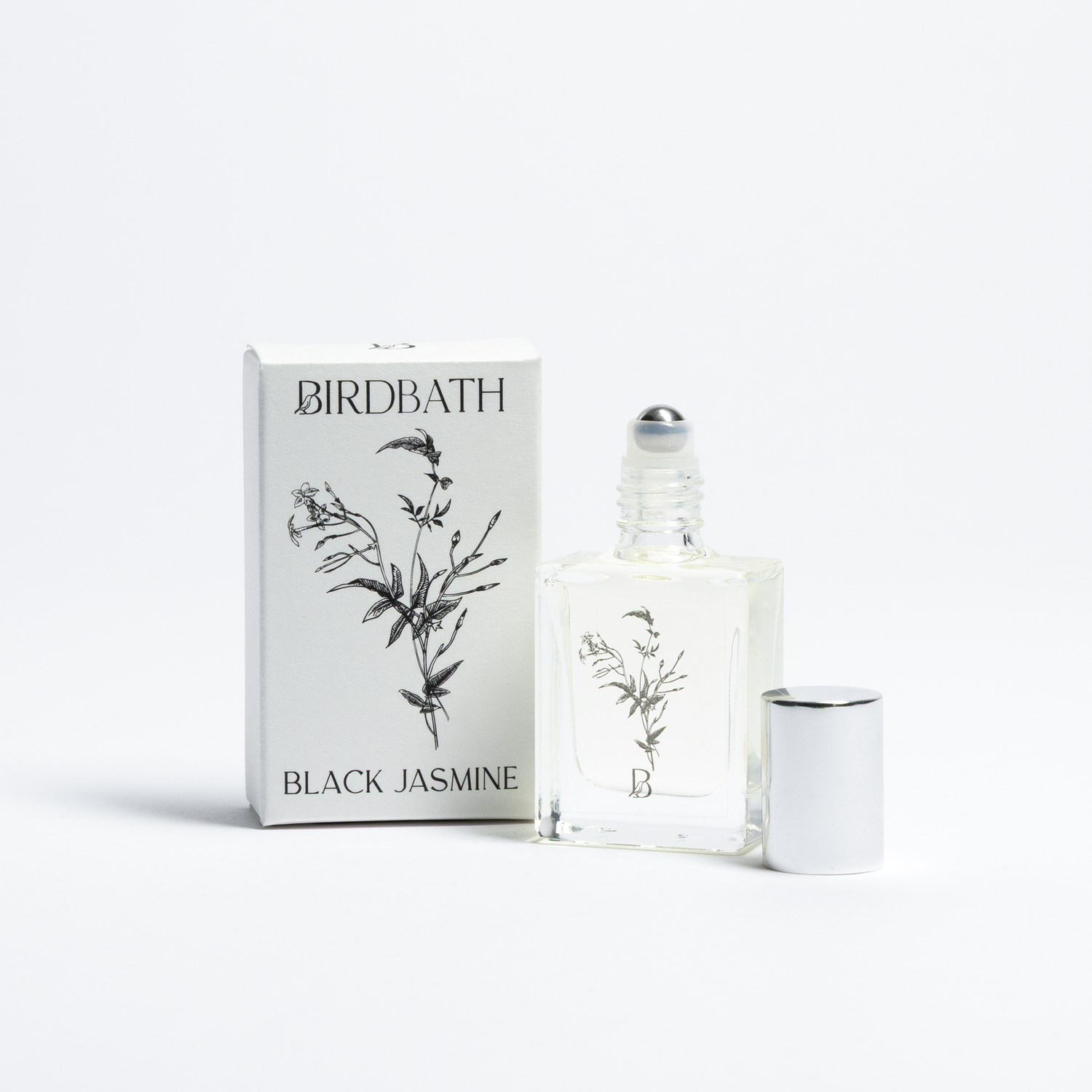 Birdbath Black Jasmine perfume bottle and packaging on a white background
