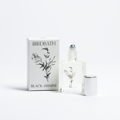 Birdbath Black Jasmine perfume bottle and packaging on a white background