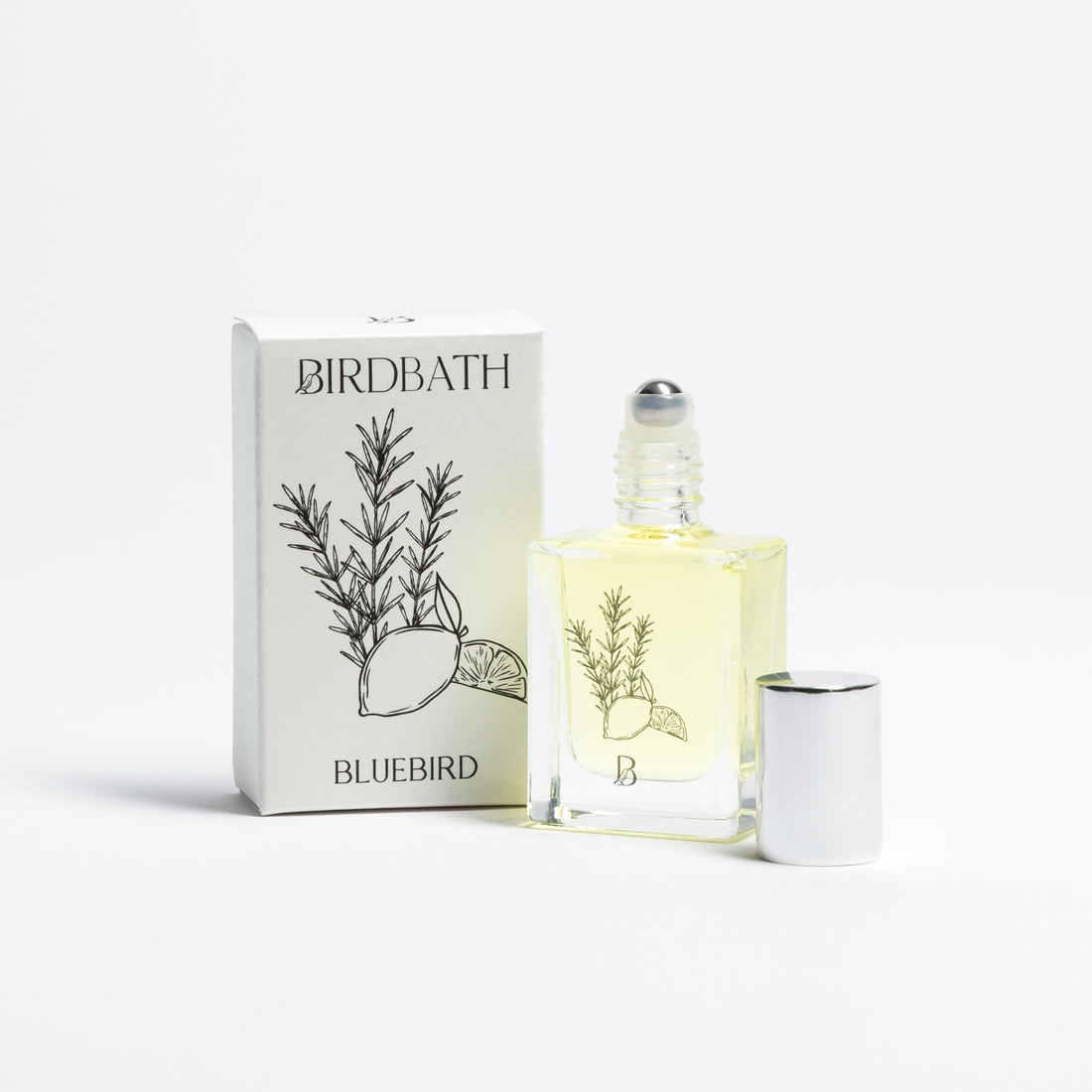 Birdbath Bluebird perfume bottle and packaging on a white background