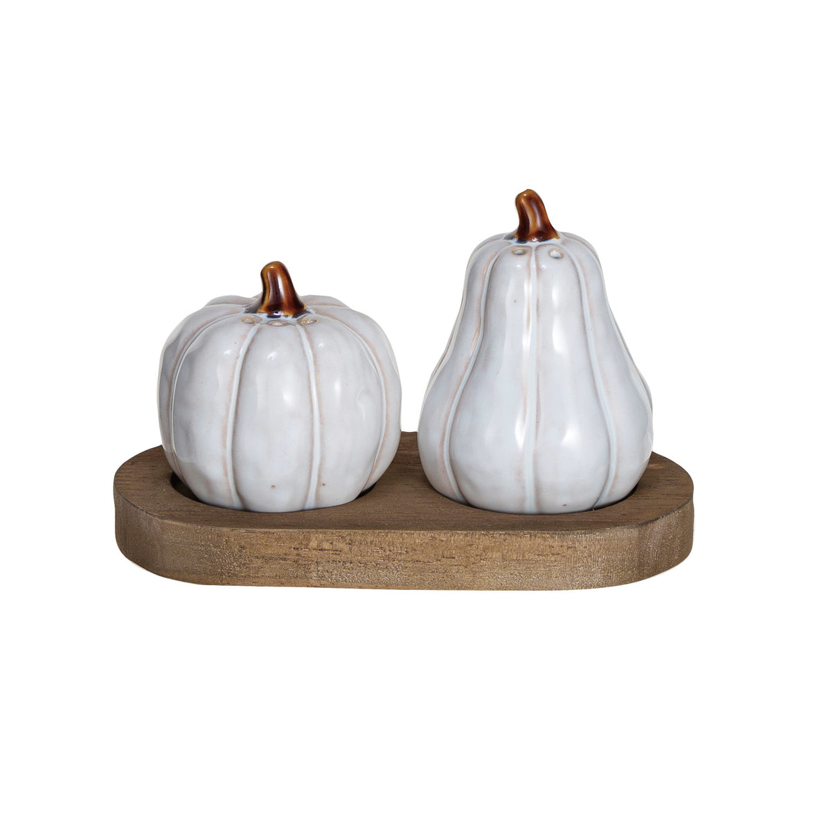 Stoneware Salt &amp; Pepper Shakers w/ Wood Tray, Set of 3 (Each One Will Vary)