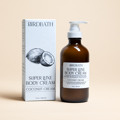 Coconut Cream Super Luxe jar with a white product box on a cream background.