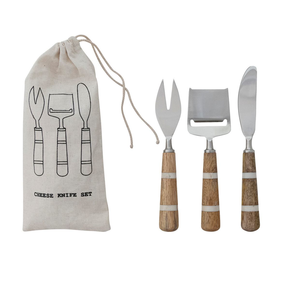 Stainless Steel Cheese Knives with Mango Wood &amp; Resin Handles, Set of 3 in Drawstring Bag