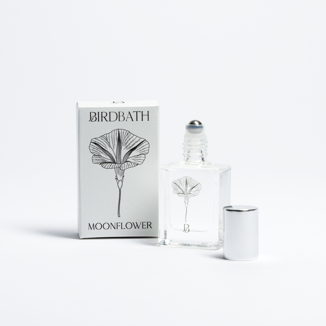 Birdbath Moonflower perfume bottle and packaging on a white background