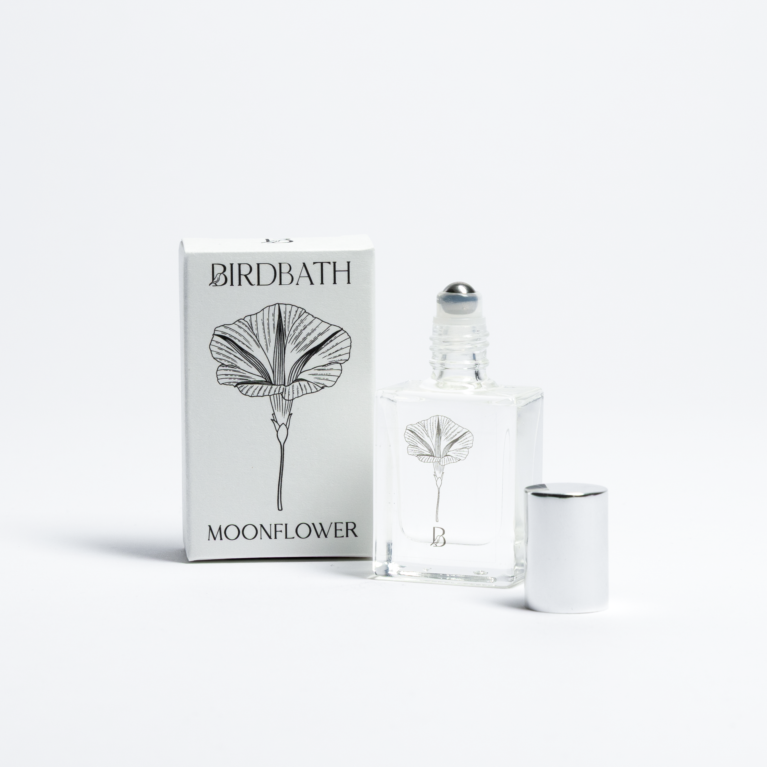 Birdbath Moonflower perfume bottle and packaging on a white background