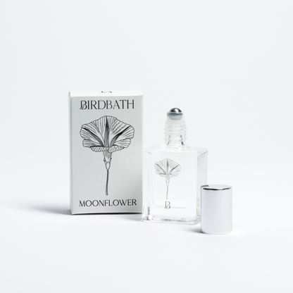 Birdbath Moonflower perfume bottle and packaging on a white background