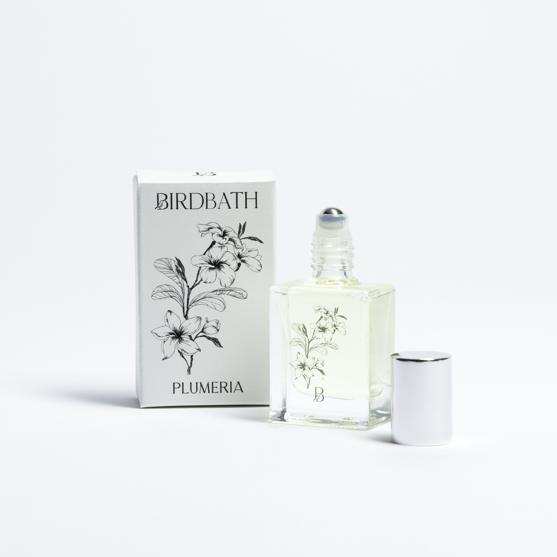 Birdbath Plumeria perfume bottle and packaging on a white background