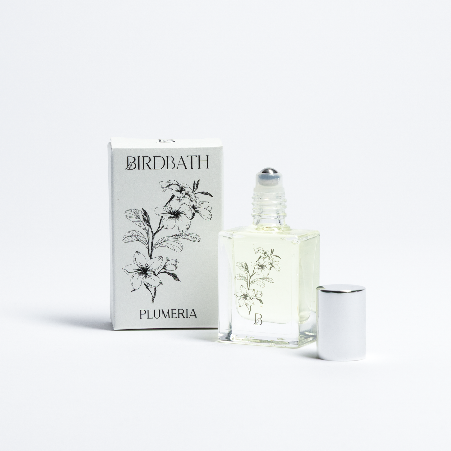 Birdbath Plumeria perfume bottle and packaging on a white background