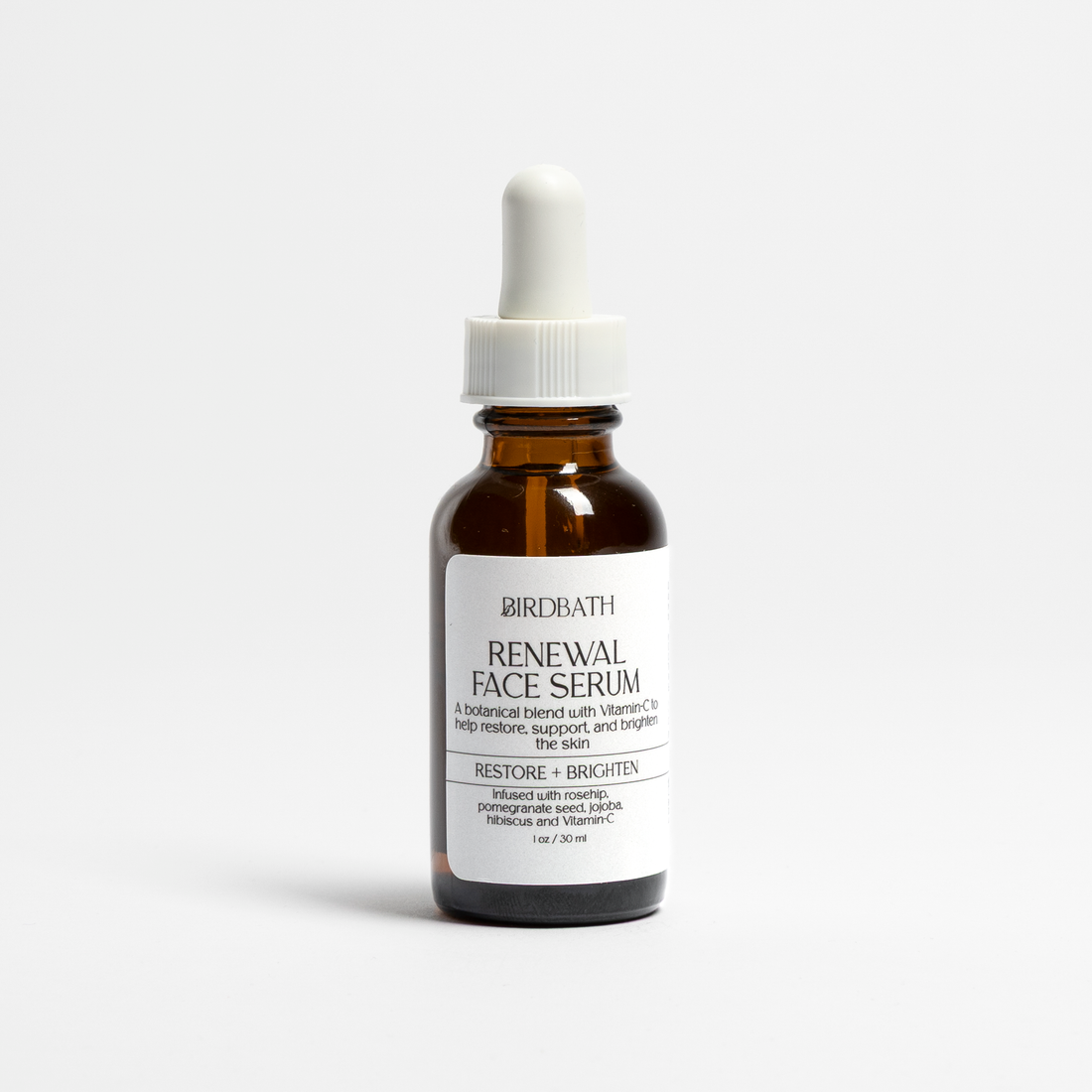 Birdbath Renewal face serum bottle on a white background.