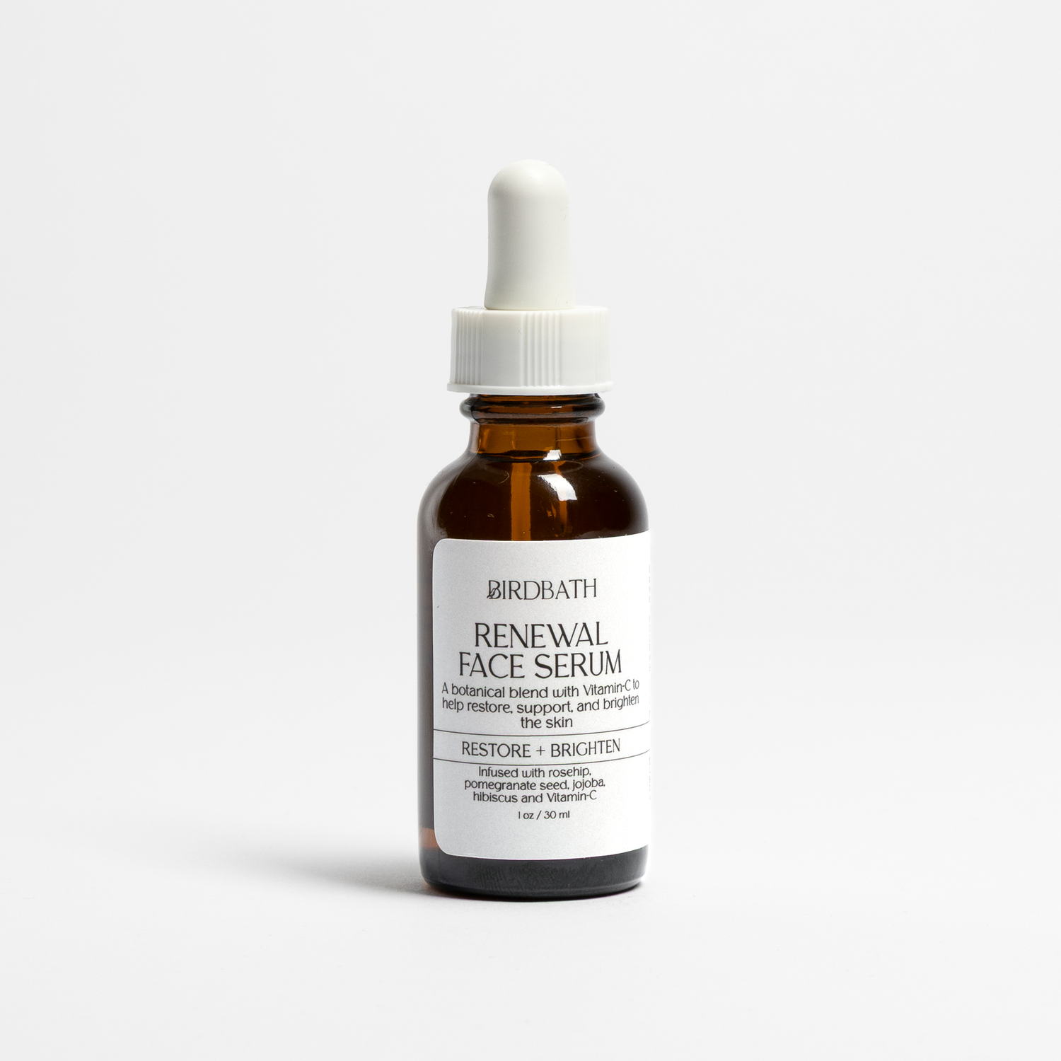 Birdbath Renewal face serum bottle on a white background.