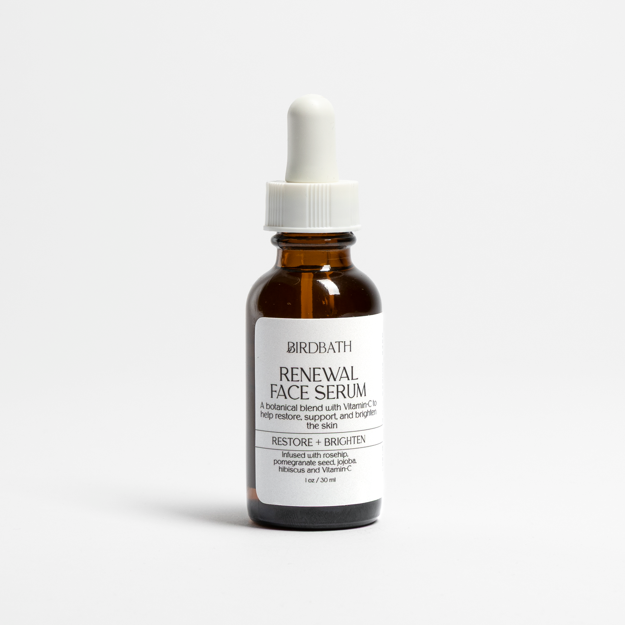 Birdbath Renewal face serum bottle on a white background.