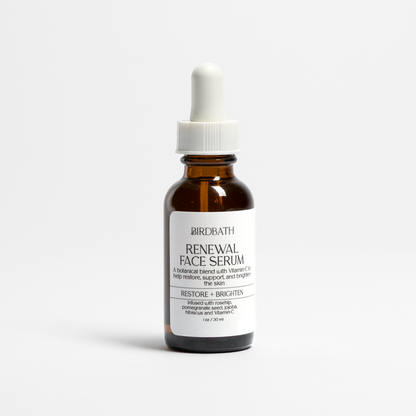 Birdbath Renewal face serum bottle on a white background.