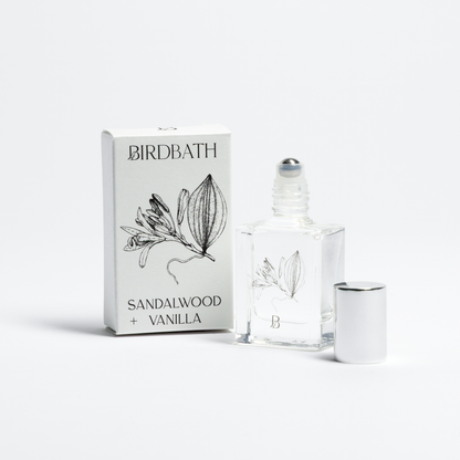 Birdbath Sandalwood Vanilla perfume bottle and packaging on a white background