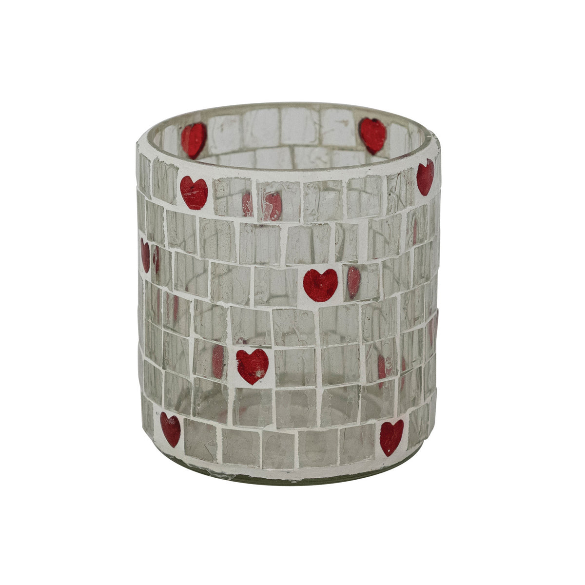 Glass Mosaic Tealight/Votive Holder with Hearts, Red &amp; White