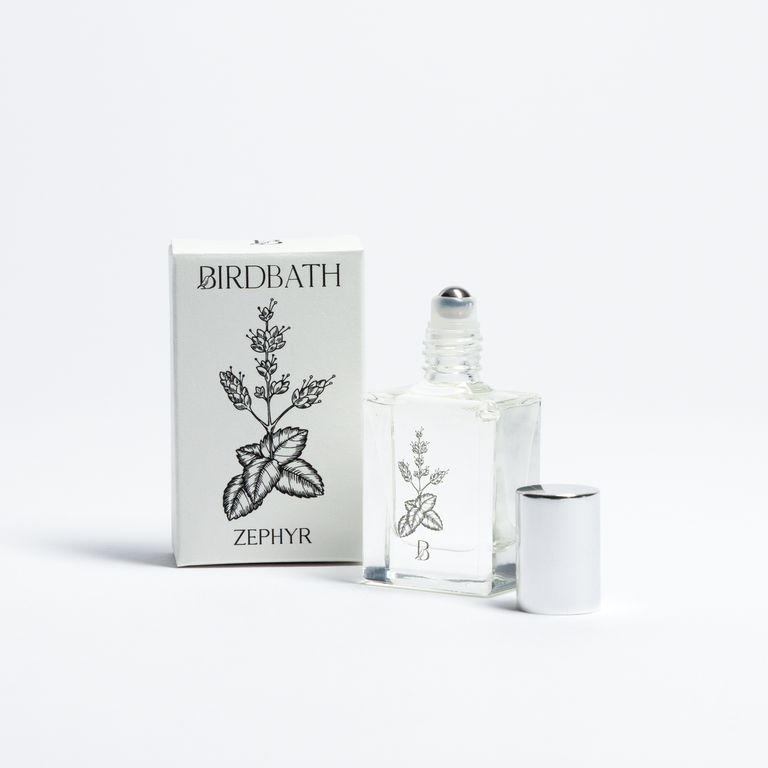 Birdbath Zephyr perfume bottle and packaging on a white background