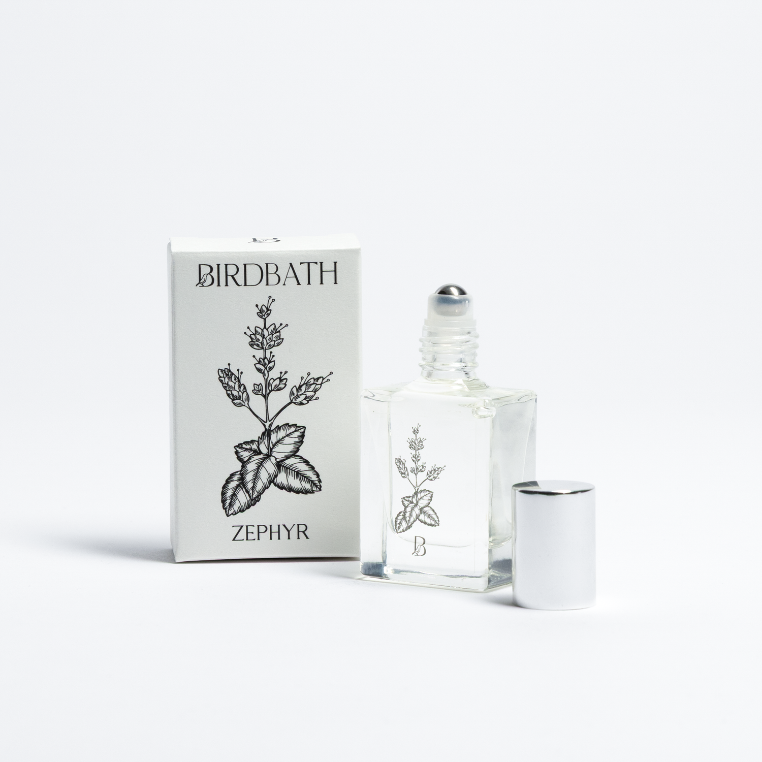 Birdbath Zephyr perfume bottle and packaging on a white background
