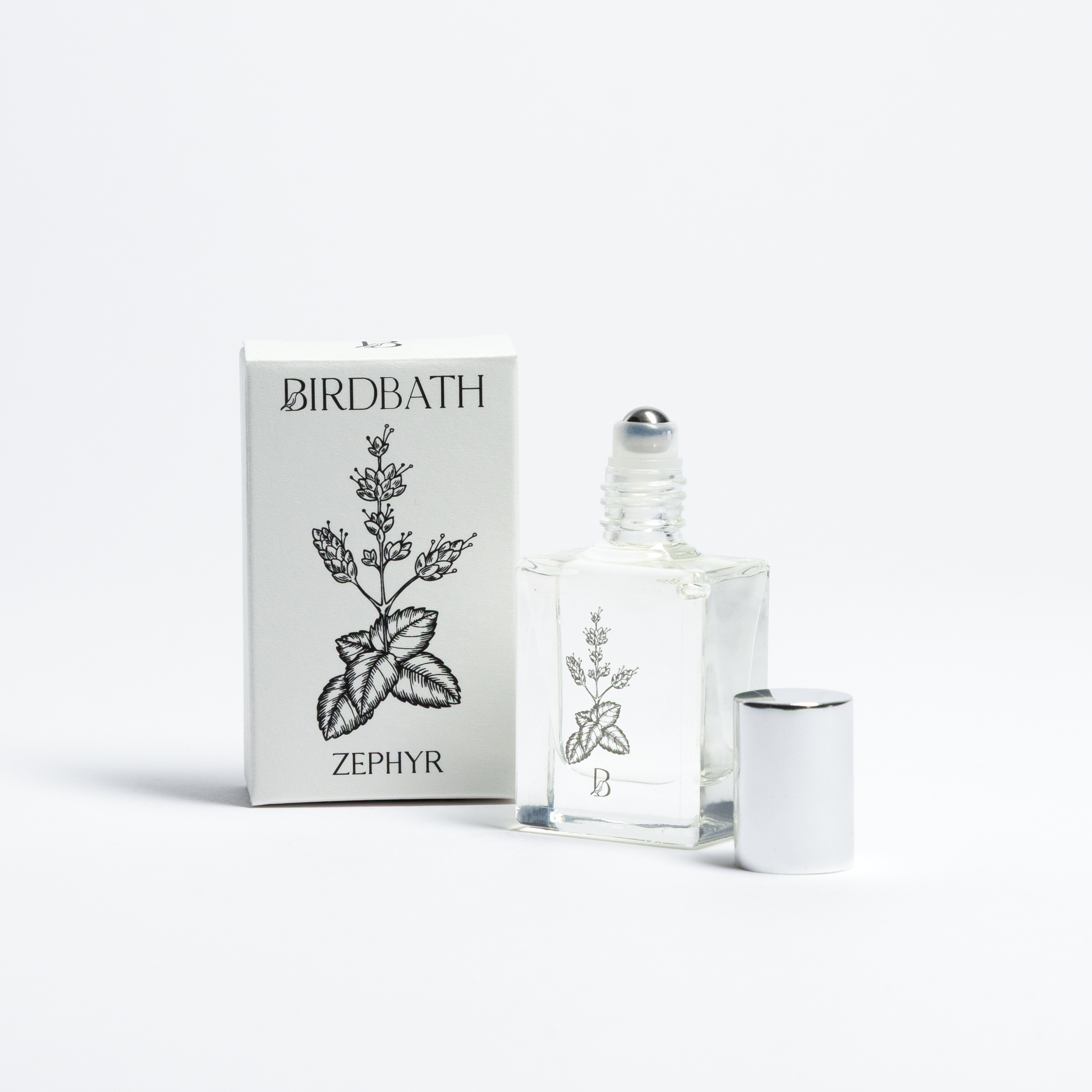 Birdbath Zephyr perfume bottle and packaging on a white background