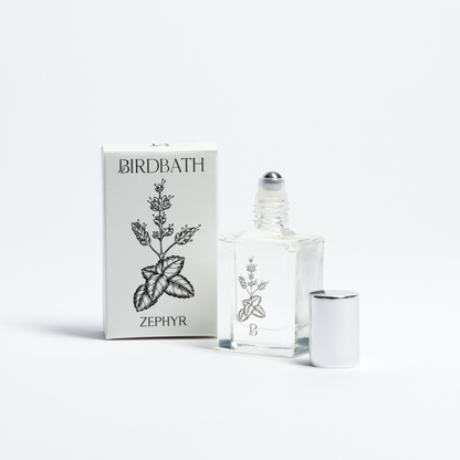 Birdbath Zephyr perfume bottle and packaging on a white background