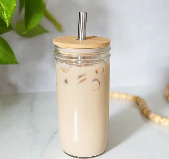 Mason Jar Cup + Bamboo Lid + Straw